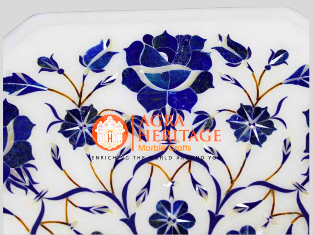 Marble White Coffee Table Top Lapis Floral Art